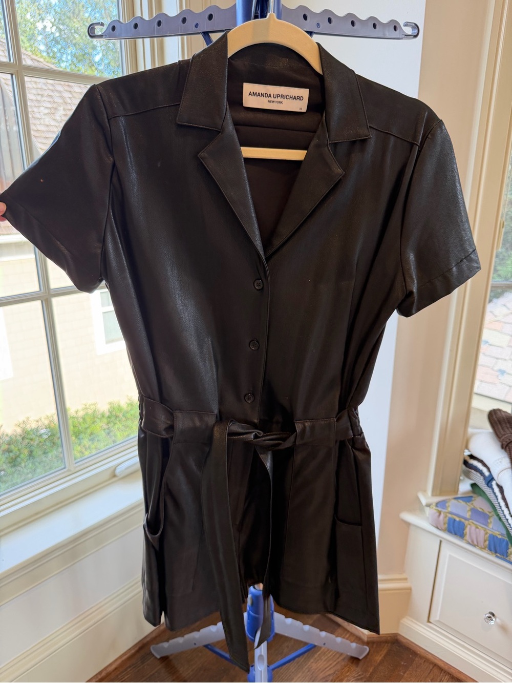 Amanda Uprichard Black Short-Sleeve Faux Leather Belted Romper